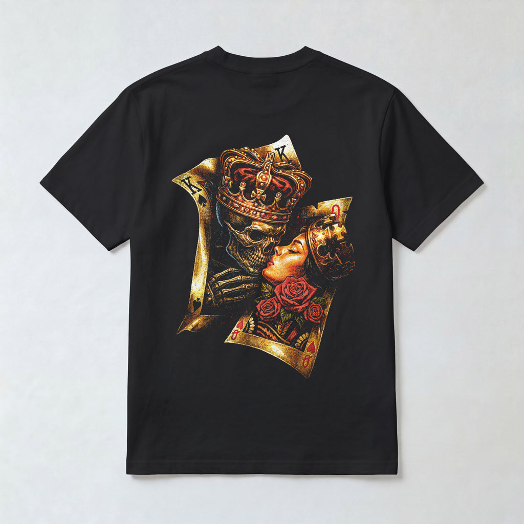King & Queen of Hearts" Gold Foil Playing Cards Men's Black Graphic T-Shirt
