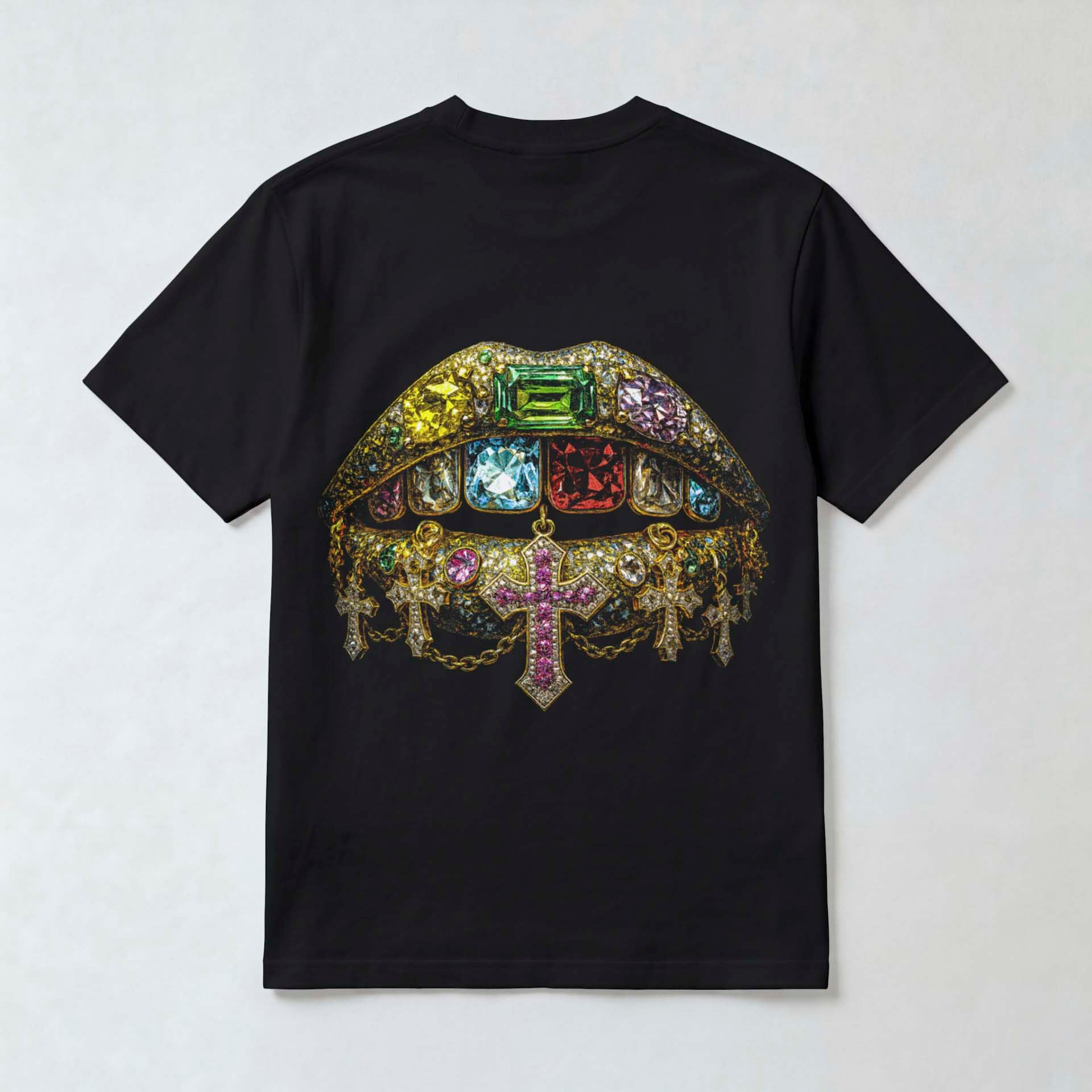 "Jeweled Lips & Grillz" Luxury Hip Hop Men's Black Graphic T-Shirt
