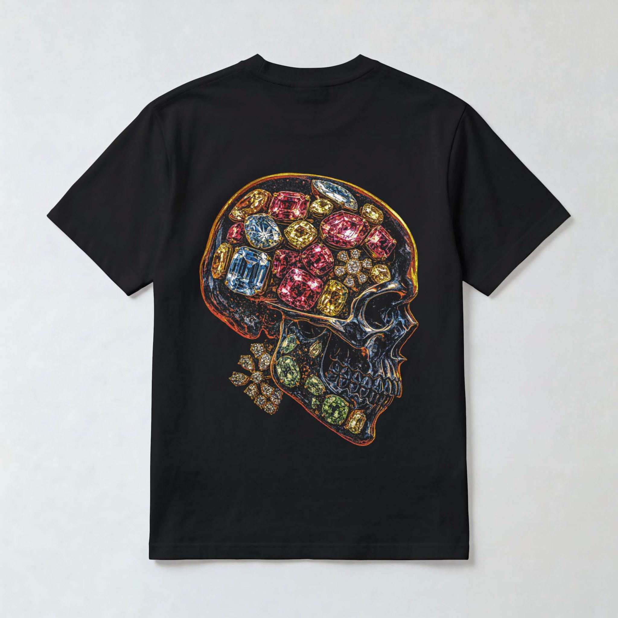 "Jeweled Crystal Skull" Luxury Gothic Men's Black Graphic T-Shirt