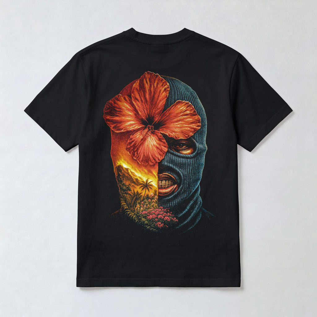 Streetwear Ski Mask & Hibiscus Print T-Shirt — Black