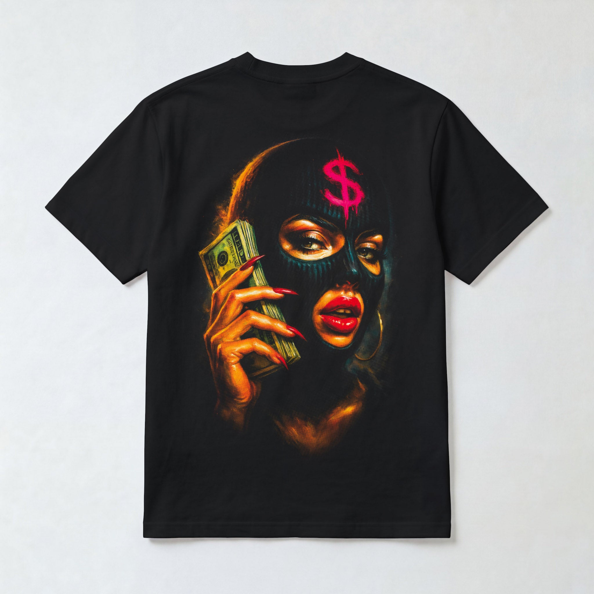Streetwear Ski Mask & Cash Portrait T-Shirt — Black