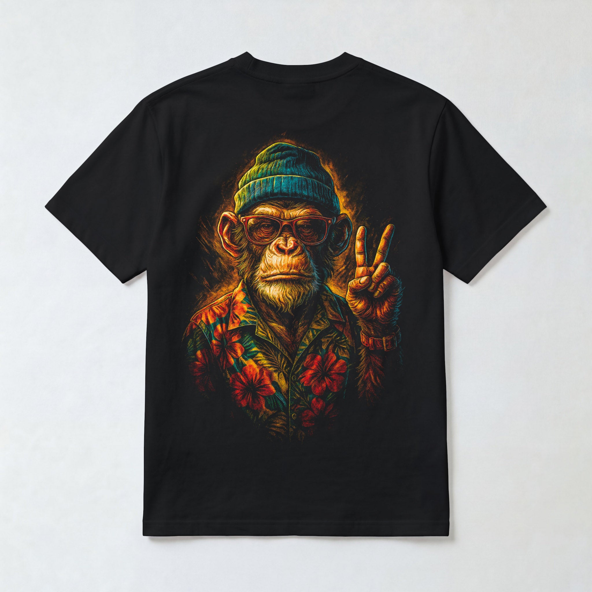 Retro Chimp in Hawaiian Shirt Print T-Shirt — Black